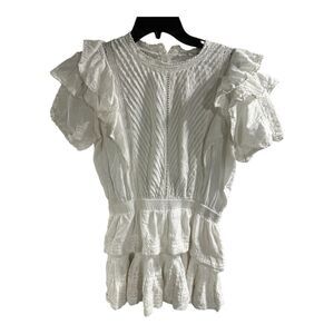 Maia Bergman Mery Mini‎ Dress Eyelet lace Cotton Flutter Sleeves White Large